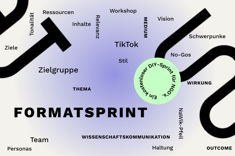 Eine Wortwolke mit lila Hintergrund, und keywords aus dem Text, zum Beispiel Zielgruppe, Haltung, Workshop, Inhalte, Ressourcen und vieles mehr